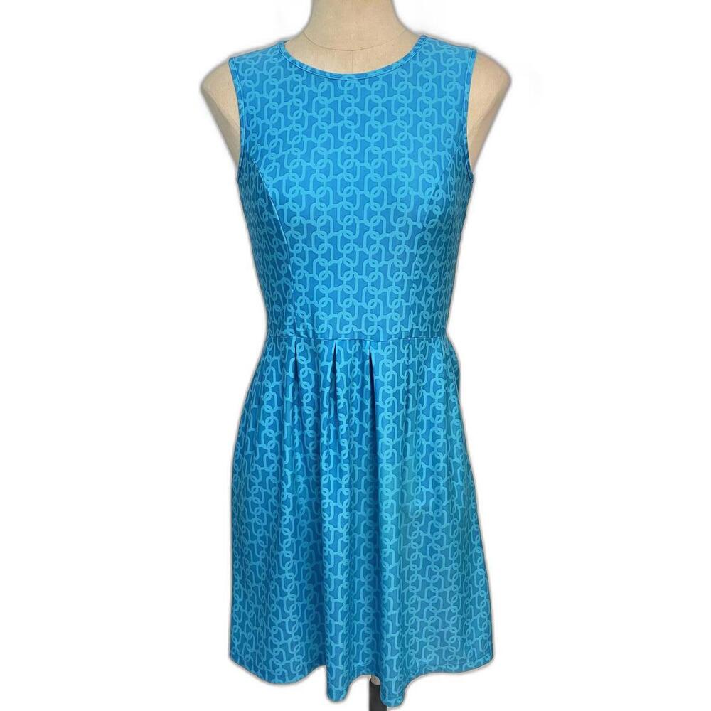 Jude Connally Turquoise Blue Geometric Fit-and-Flare Dress